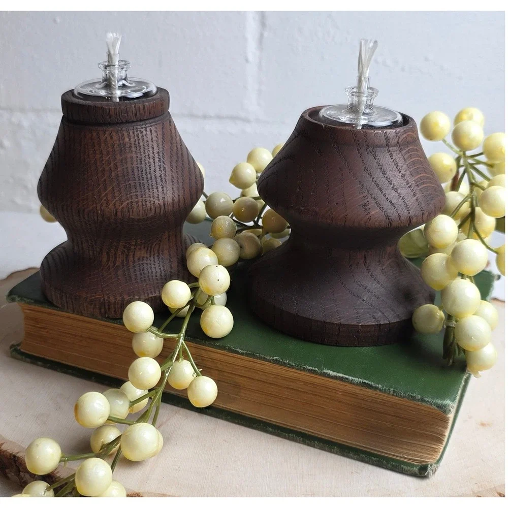 Vintage Hand Turned Oak Wood Oil Lamps Set of 2 Dark Stain Glass Reservoir